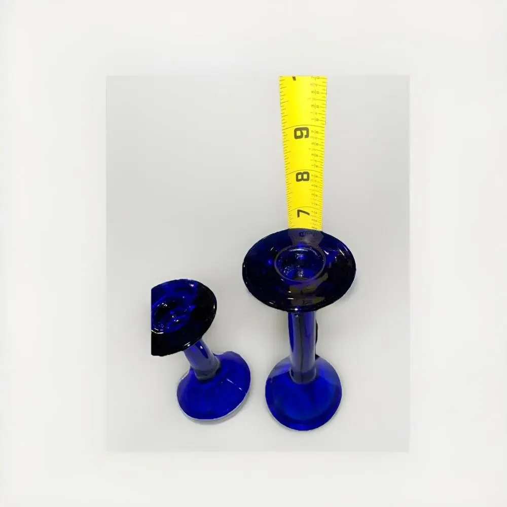 VINTAGE Pair Of Cobalt Blue Taper Candlestick Holders 4 And 6 Inches Tall 1970’s